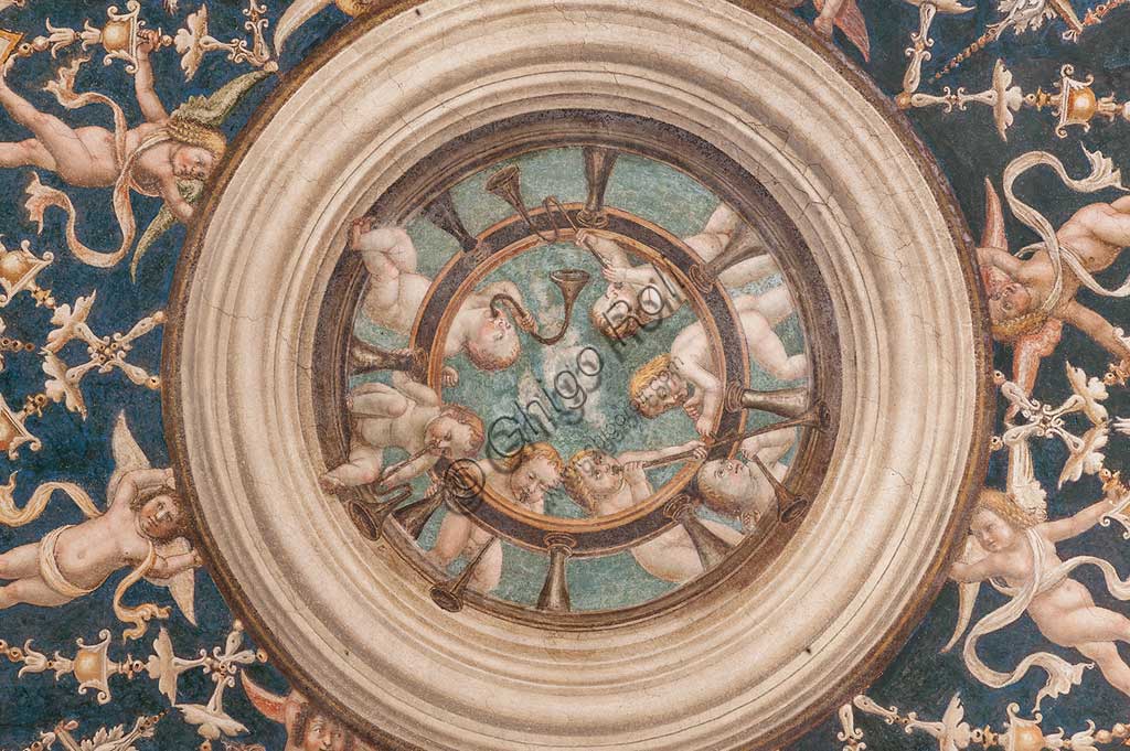 Parma, Former Monastery of St. Paul: the Chamber with frescoes by Alessandro Araldi (1514). On the vault there are frescoes representing scenes of the Old and New Testament, decorations with grotesques. Detail with puttos playing musical instruments.
