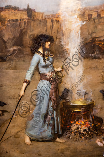 "Il cerchio magico", 1886 di John William Waterhouse  (1849 - 1917); olio su tela. Il dipinto descrive la scena in cui una strega disegna intorno a se un cerchio di fuoco e un calderone. Il paesaggio è roccioso e ci sono dei corvi. Particolare.
