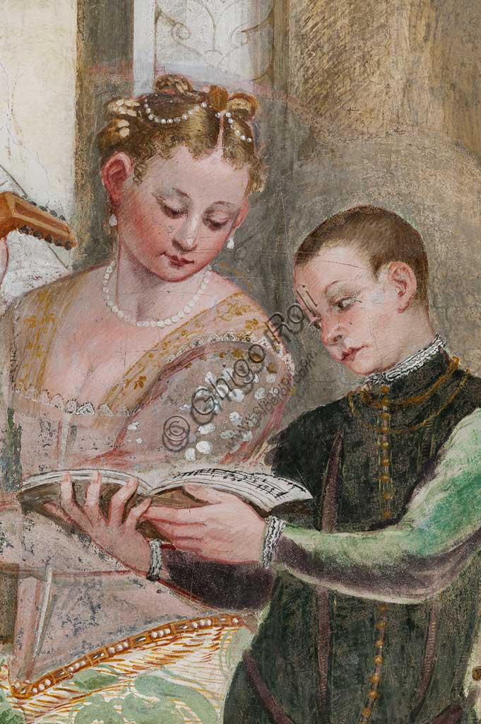 Caldogno, Villa Caldogno, main hall: "The Concert". Detail with a young boy and a court lady. Fresco by Giovanni Antonio Fasolo, about 1570.