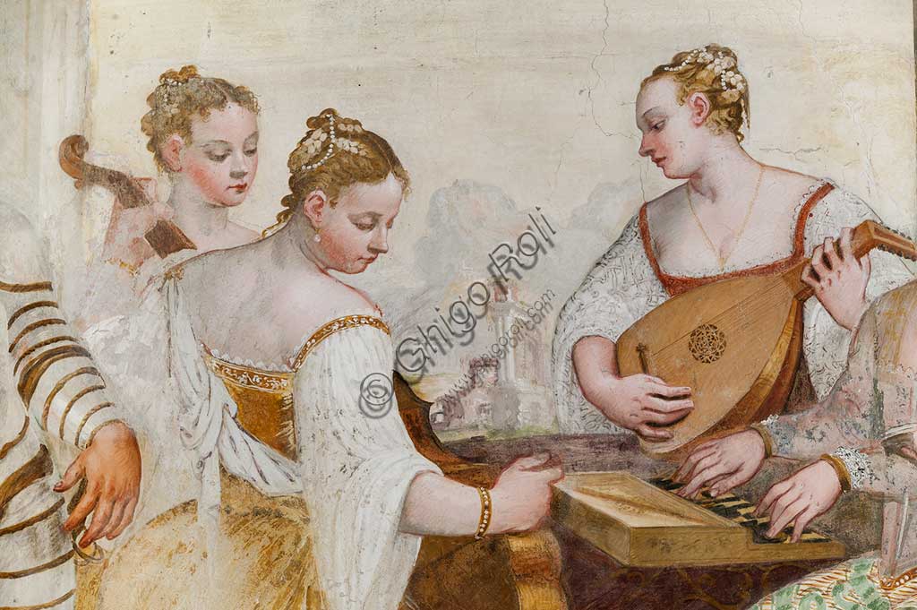 Caldogno, Villa Caldogno, salone:  "Il concerto". Particolare con dame. Affresco di Giovanni Antonio Fasolo, ca. 1570. 