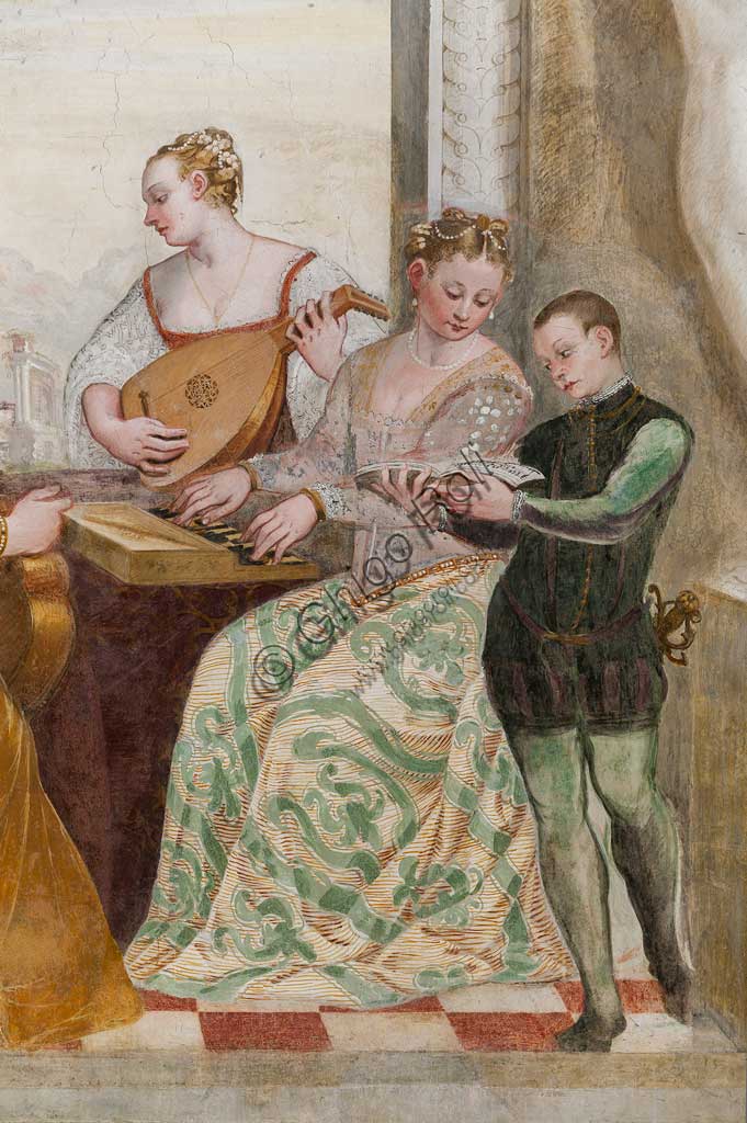 Caldogno, Villa Caldogno, salone:  "Il concerto". Particolare con dame e ragazzino. Affresco di Giovanni Antonio Fasolo, ca. 1570. 