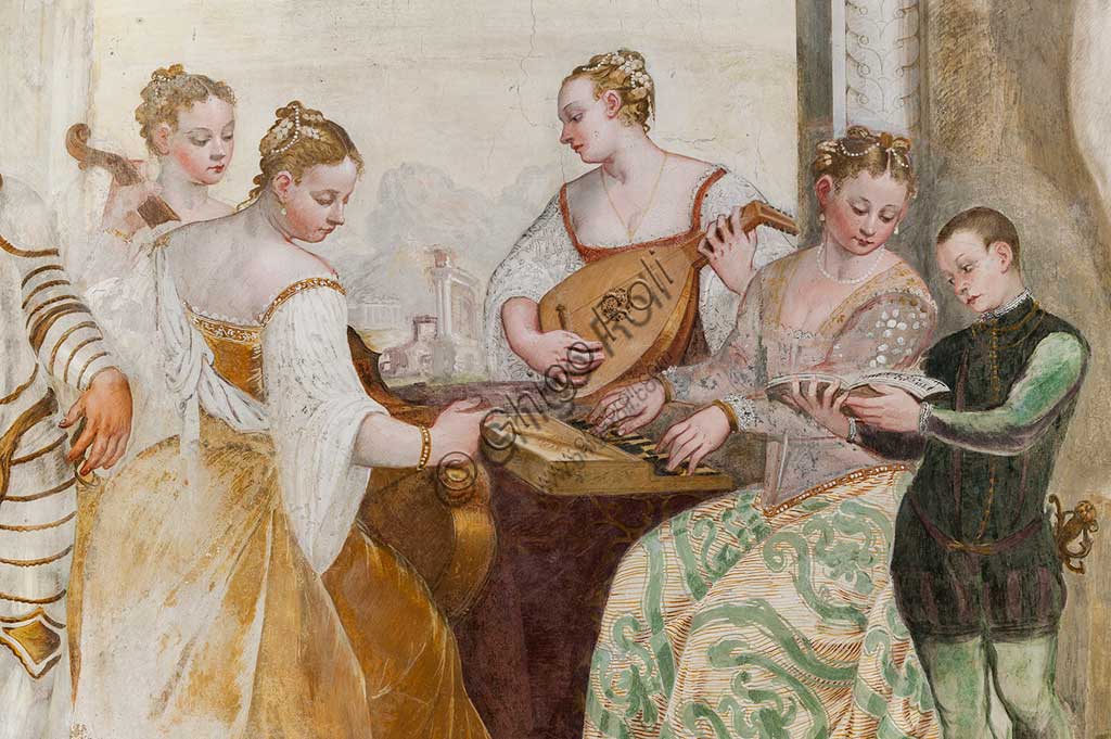 Caldogno, Villa Caldogno, salone:  "Il concerto". Particolare con dame e ragazzino. Affresco di Giovanni Antonio Fasolo, ca. 1570. 