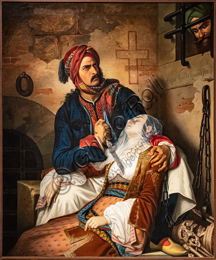 Cesare Mussini: "Giorgio Rhodios che uccide la moglie e poi se stesso per fuggire alla crudeltà musulmana (Saremo liberi)"; dipinto a olio, 1841-51.