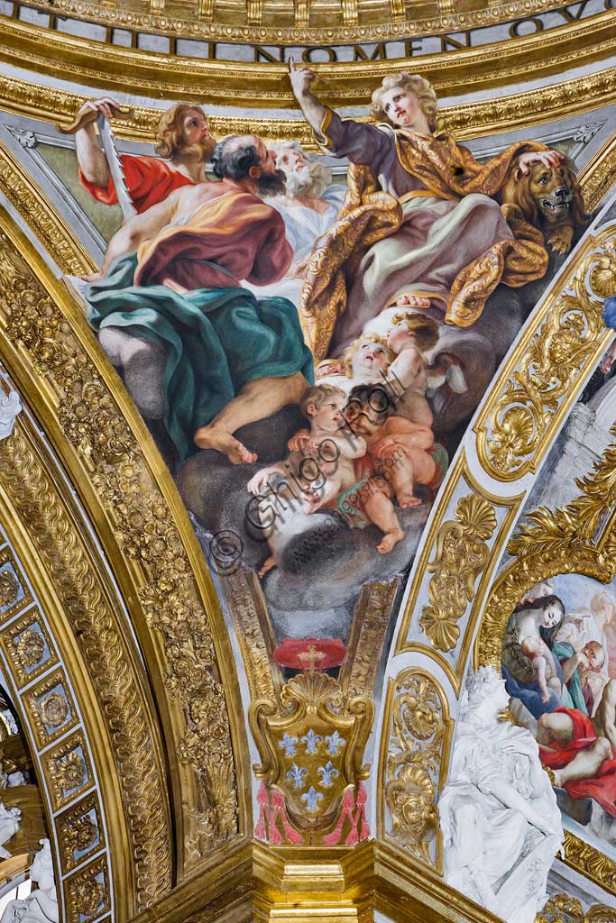 Chiesa del Gesù, interno, cupola del transetto: pennacchio  con San Marco, affresco del Baciccia (Giovan Battista Gaulli), 1679.
