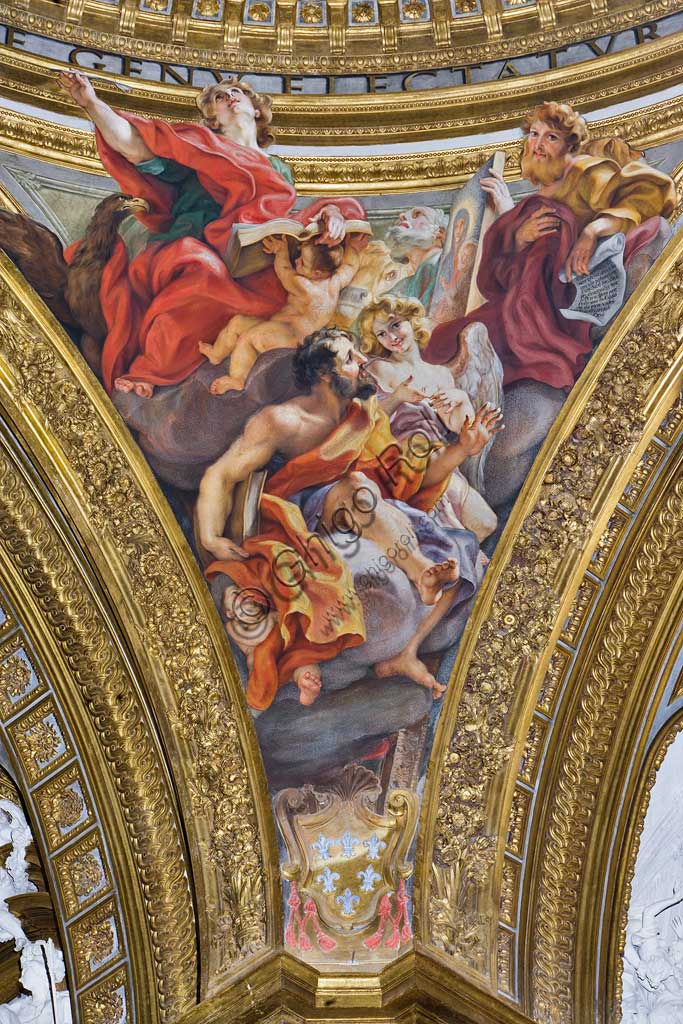 Chiesa del Gesù, interno, cupola del transetto: pennacchio  con San Luca, affresco del Baciccia (Giovan Battista Gaulli), 1679.