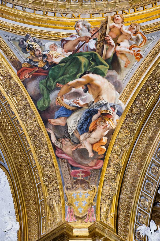 Chiesa del Gesù, interno, cupola del transetto: pennacchio  con San Matteo, affresco del Baciccia (Giovan Battista Gaulli), 1679.