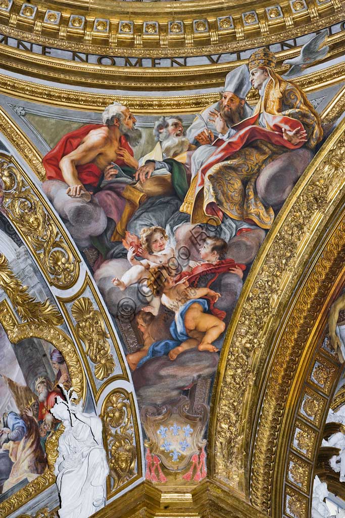 Chiesa del Gesù, interno, cupola del transetto: pennacchio  con San Giovanni, affresco del Baciccia (Giovan Battista Gaulli), 1679.