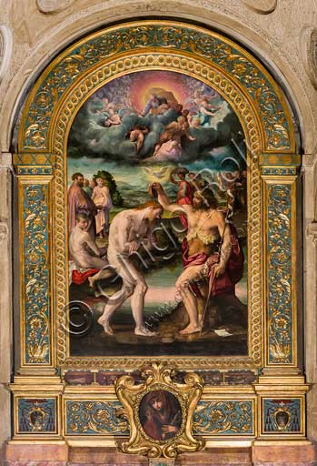 Chiesa di San Giacomo, cappella Poggi:  Battesimo di Gesù; dipinto a olio di Prospero Fontana (1561), su bozza di Pellegrino Tibaldi.
