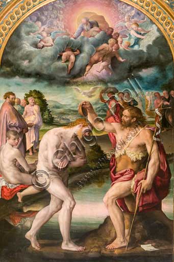 Chiesa di San Giacomo, cappella Poggi:  Battesimo di Gesù; dipinto a olio di Prospero Fontana (1561), su bozza di Pellegrino Tibaldi.