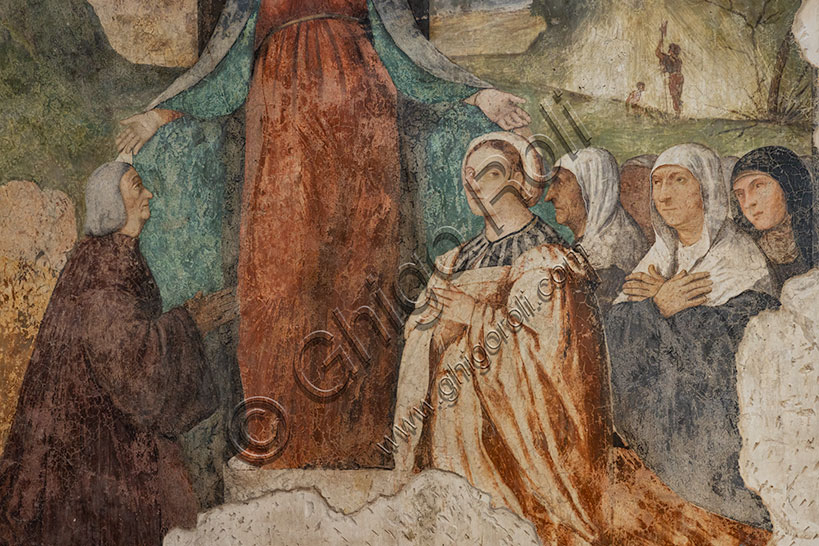 Chiesa di Santa Corona, contro acciata:  “Madonna della Misericordia e Beato Isnardo da Chiampo”, affresco attribuito ad Alessandro Verla, 1519. Particolare.