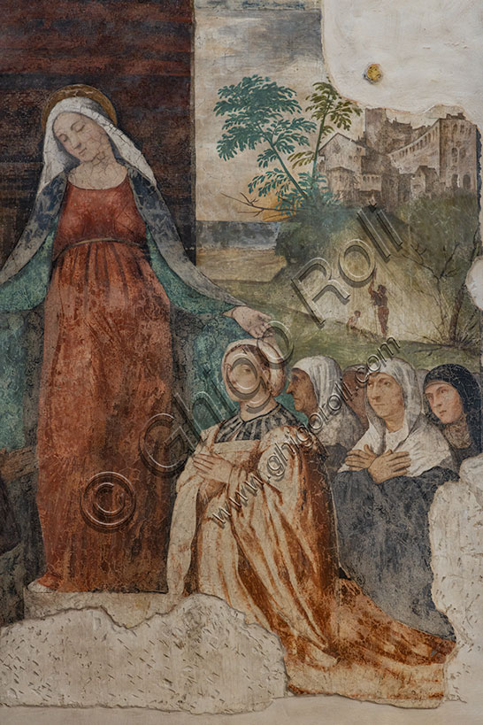 Church of Santa Corona, counterfacade: “Our lady of Mercy and Blessed Isnardo da Chiampo”, fresco by Alessandro Verla, 1519. Detail.