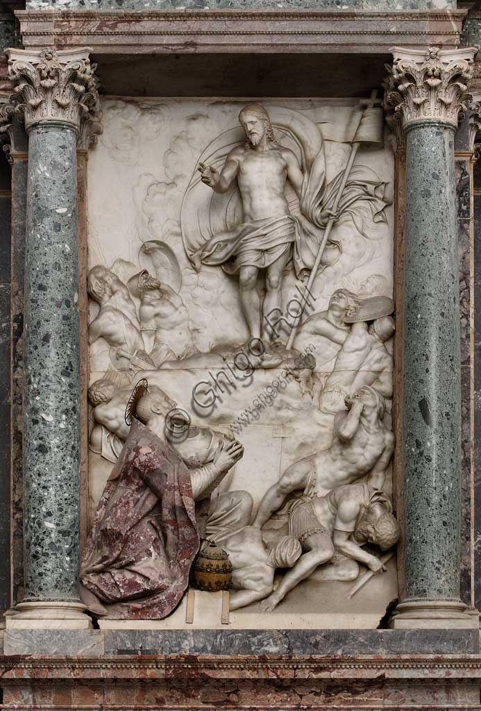 Church of Santa Croce, Mausoleum of St. Pius V: a high-relief in white marble representing  the Resurrection and Pius V in prayer. Based on a design by Giovanni Antonio Buzzi (1568-1571).