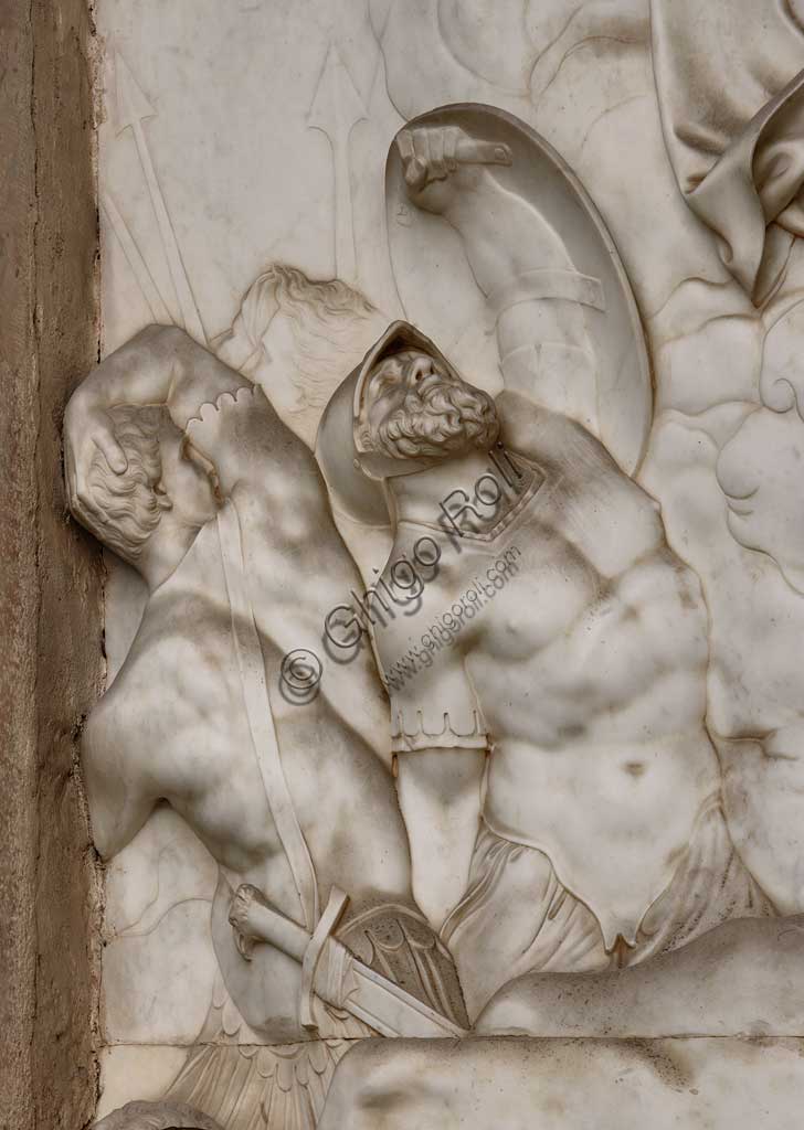 Church of Santa Croce, Mausoleum of St. Pius V: a high-relief in white marble representing  the Resurrection and Pius V in prayer. Based on a design by Giovanni Antonio Buzzi (1568-1571). Detail.