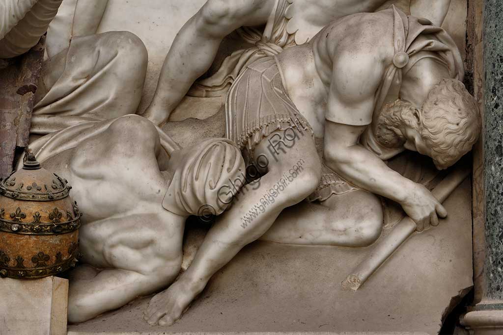 Church of Santa Croce, Mausoleum of St. Pius V: a high-relief in white marble representing  the Resurrection and Pius V in prayer. Based on a design by Giovanni Antonio Buzzi (1568-1571). Detail.