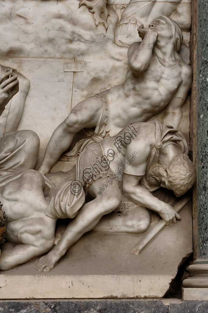 Church of Santa Croce, Mausoleum of St. Pius V: a high-relief in white marble representing  the Resurrection and Pius V in prayer. Based on a design by Giovanni Antonio Buzzi (1568-1571). Detail.