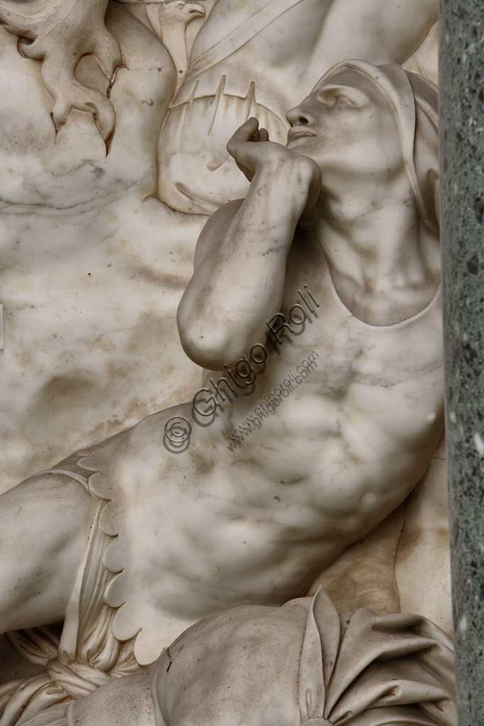 Church of Santa Croce, Mausoleum of St. Pius V: a high-relief in white marble representing  the Resurrection and Pius V in prayer. Based on a design by Giovanni Antonio Buzzi (1568-1571). Detail.