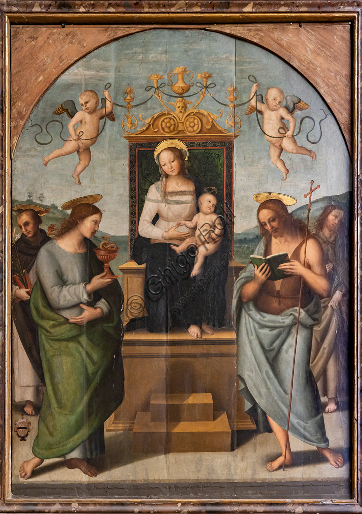 Città della Pieve, Cattedrale dei SS Gervasio e Protasio: Madonna in trono tra i santi Gervasio, Protasio, Pietro e Paolo, di Pietro di Cristoforo Vannucci, detto il Perugino. 