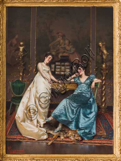 Assicoop - Unipol Collection: Vittorio Reggianini (1853 -1910); "The Pearl Necklace", oil painting, 32 x 23,5.