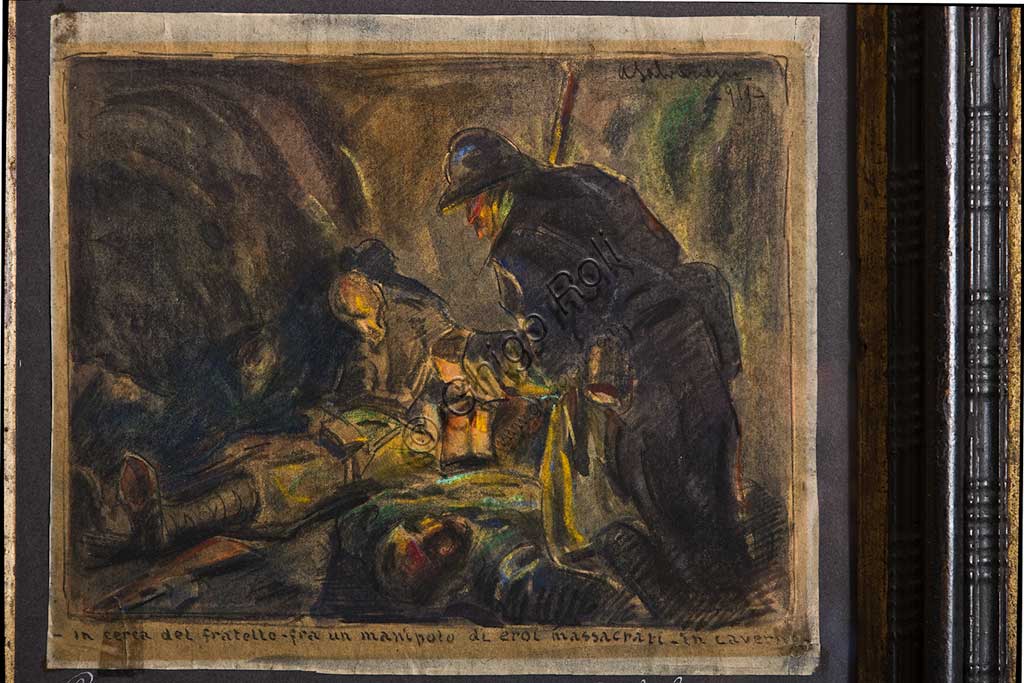 Collezione Assicoop Unipol: Arcangelo Salvarani (1882 - 1953), "In cerca del Fratello tra un manipolo di eroi massacrati in caverna"; pastello su cartoncino.