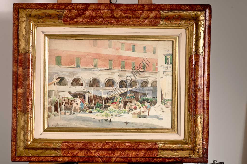 Assicoop - Unipol Collection: Arcangelo Salvarani (1882 - 1953), "Fruit Market", watercolour, cm 29 X 39.