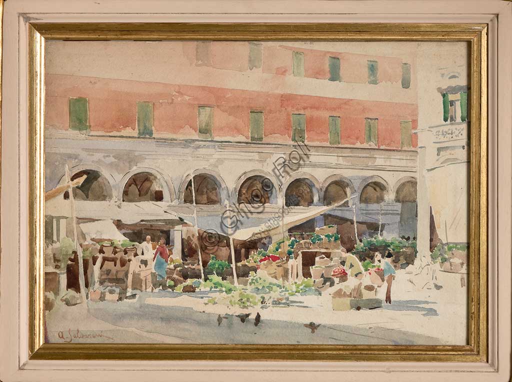 Assicoop - Unipol Collection: Arcangelo Salvarani (1882 - 1953), "Fruit Market", watercolour, cm 29 X 39.