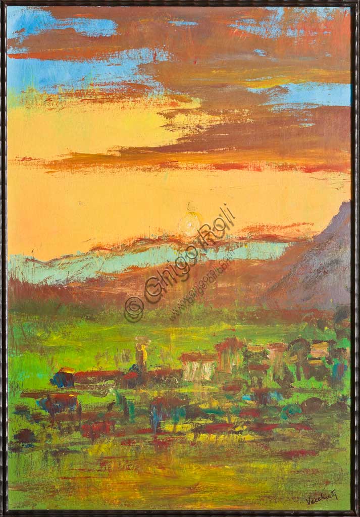 Assicoop - Unipol Collection: Pompeo Vecchiati, "Landscape"; oil painting.