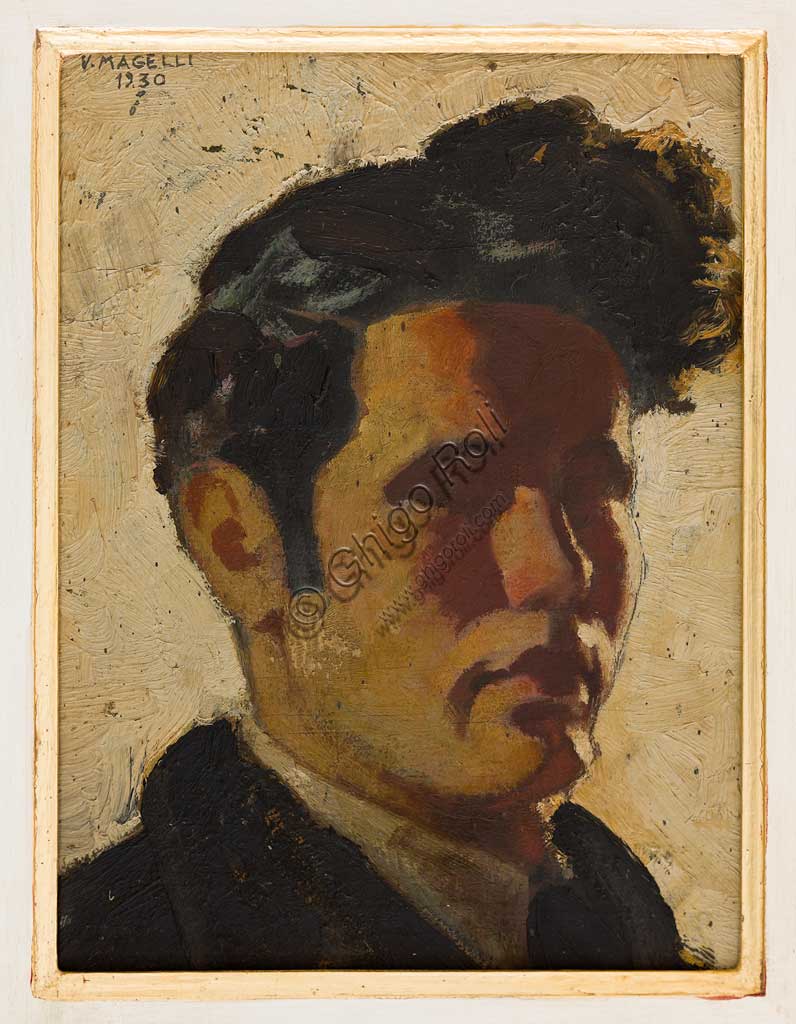 Assicoop - Unipol Collection:  Vittorio Magelli  (1911-1988);  "Self Portrai"; oil painting, 31 x 24 cm.