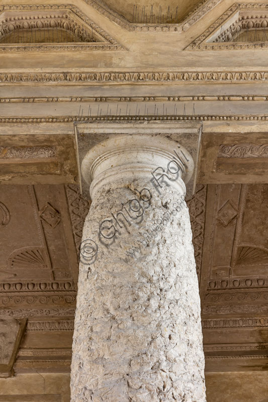 Mantova, Palazzo Te (residenza estiva dei Gonzaga), atrio d'ingresso: particolare di colonna in pietra appena sbozzata.