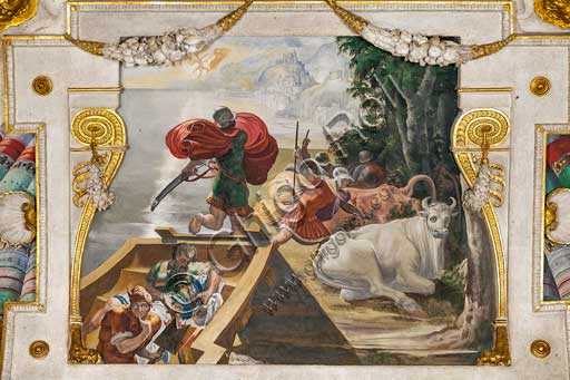Bologna, Palazzo Poggi, Stanza di Ulisse, volta con episodi dell' Odissea: particolare con i compagni di Ulisse che rapiscono i buoi del dio Sole (Helios). Affreschi di Pellegrino Tibaldi, 1550 -1551.