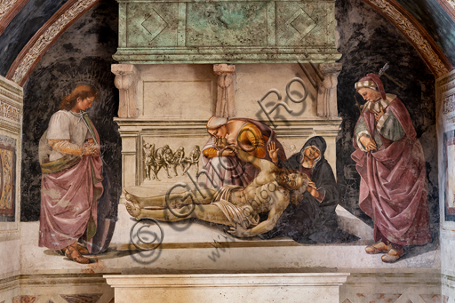  Orvieto,  Basilica Cathedral of Santa Maria Assunta (or Duomo), the interior, Chapel Nova or Chapel of St. Brizio, Chapel of the Holy Bodies: "Lamentation of the Dead Christ" between the two saints of Orvieto (S. Parenzo on the right and S. Faustino on the left), by Luca Signorelli, 1500 - 1504.