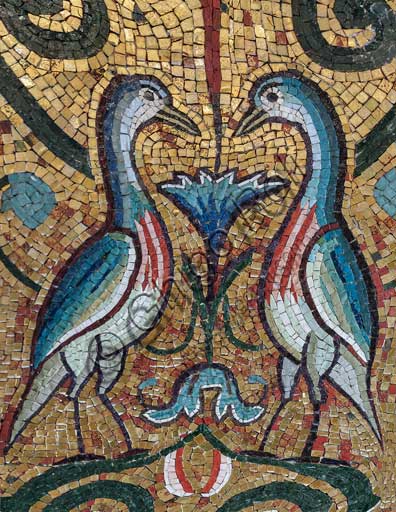 Palermo, The Royal Palace or Palazzo dei Normanni (Palace of the Normans), The Palatine Chapel (Basilica), mosaic below an archof a llancet window: "A couple of birds", XII century.