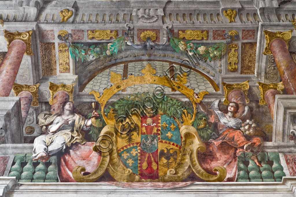 Sassuolo, Church of St. Francis, interior: detail with cornice and allegorical figures of the decoration by Baldassarre Bianchi and Gian Giacomo Monti, leading exponents of the Bolognese school of perspective and illusionistic squaring, who celebrate the Este Dukes.