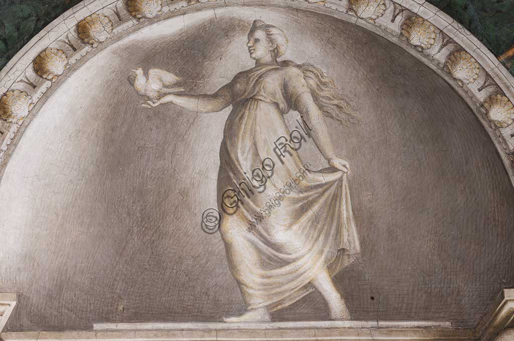 Parma, Former Monastery of St. Paul, Chamber of the Abbess or of St Paul or of Giovanna da Piacenza, the vault: frescoes on the theme of Diana by Antonio Allegri, known as il Correggio (1518-9). Detail with lunettes with monochrome fresco with statue: " Diana Lucifera".