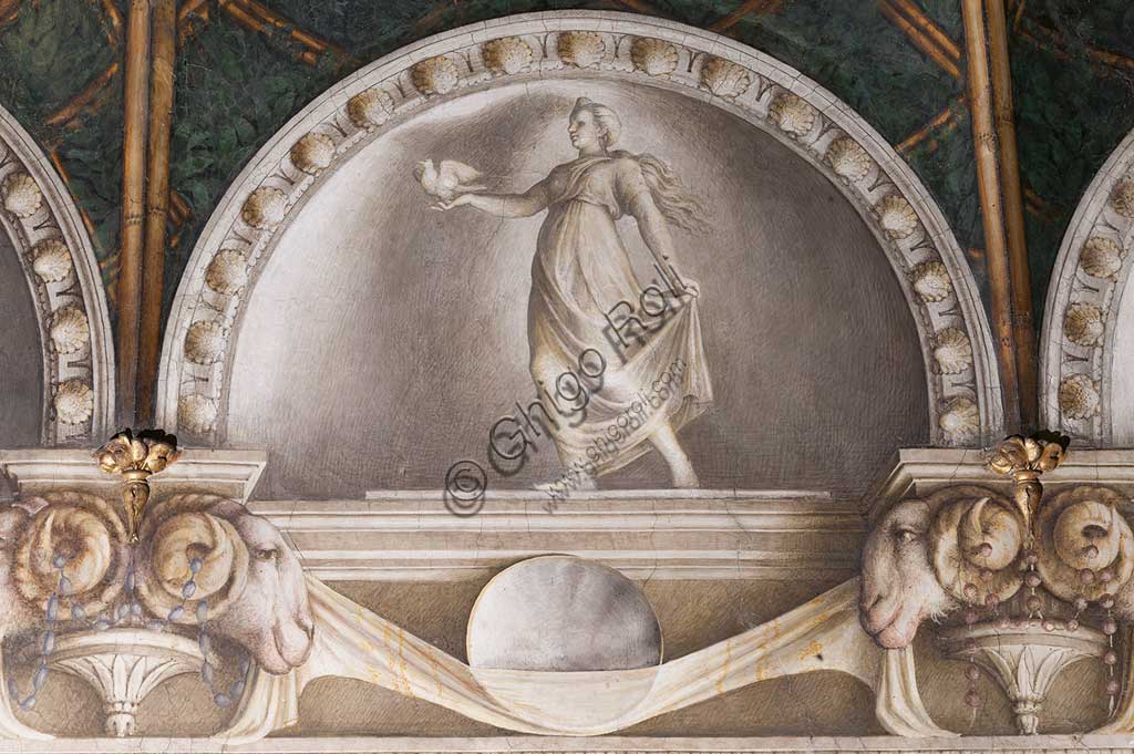 Parma, Former Monastery of St. Paul, Chamber of the Abbess or of St Paul or of Giovanna da Piacenza, the vault: frescoes on the theme of Diana by Antonio Allegri, known as il Correggio (1518-9). Detail with lunettes with monochrome fresco with statue: " Diana Lucifera".