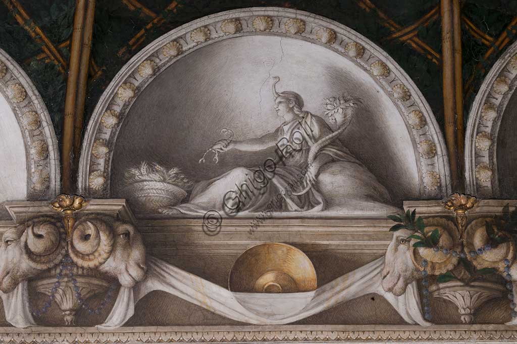 Parma, Former Monastery of St. Paul, Chamber of the Abbess or of St Paul or of Giovanna da Piacenza, the vault: frescoes on the theme of Diana by Antonio Allegri, known as il Correggio (1518-9). Detail with lunettes with monochrome fresco with statue: " Ceres". (?)