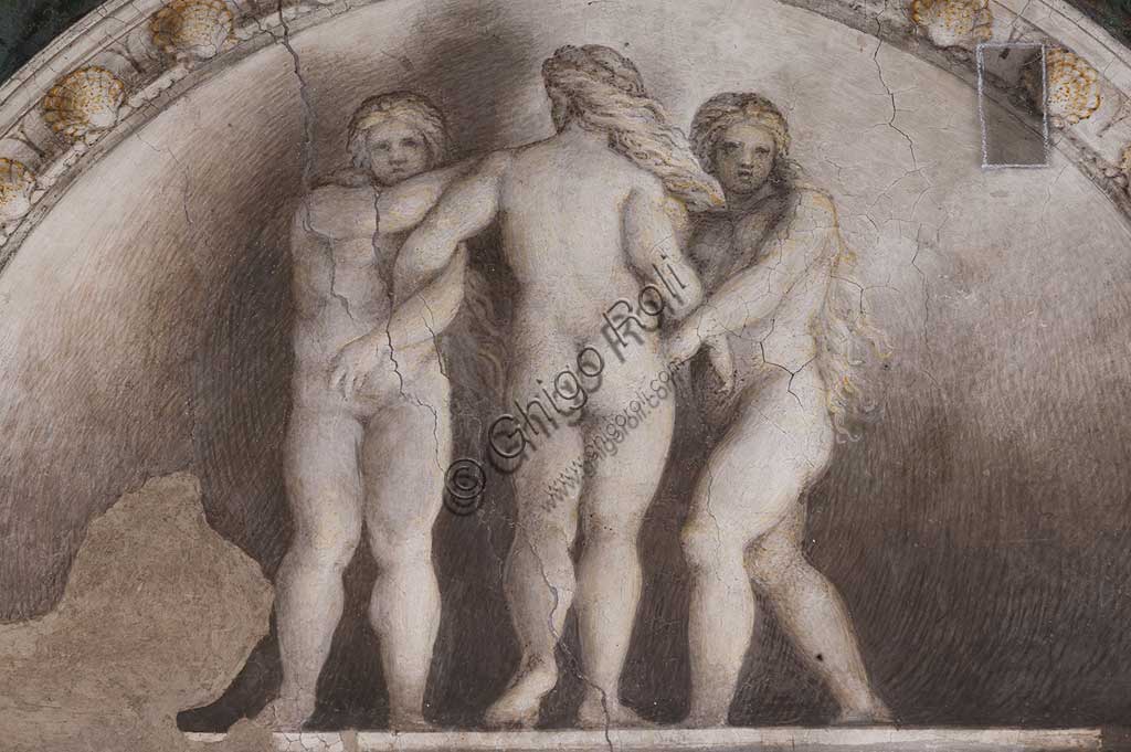 Parma, Former Monastery of St. Paul, Chamber of the Abbess or of St Paul or of Giovanna da Piacenza, the vault: frescoes on the theme of Diana by Antonio Allegri, known as il Correggio (1518-9). Detail with lunettes with monochrome fresco with statue: "The Three Graces".