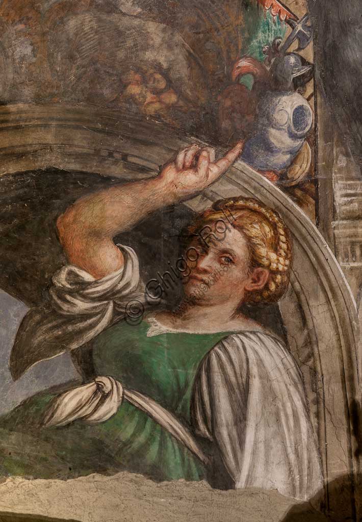 Cortemaggiore, Chiesa della SS. Annunziata (parte del convento dei Francescani), Cappella della Concezione: lunetta con Sibilla, affreschi del Pordenone, (Giovanni Antonio de Sacchis),1529 circa.