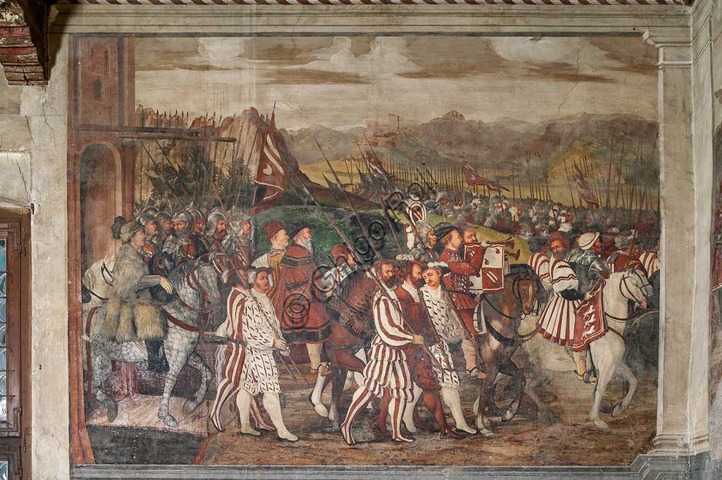 Cavernago, Malpaga Castle or Colleoni Castle, Hall of Honour: cycle of frescoes depicting the visit of Christian I of Denmark to Bartolomeo Colleoni, by Marcello Fogolino, (some historians attribute these frescoes to Romanino), 1474. Detail of the procession.