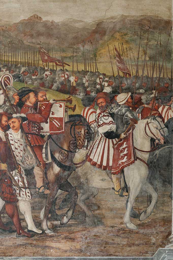 Cavernago, Malpaga Castle or Colleoni Castle, Hall of Honour: cycle of frescoes depicting the visit of Christian I of Denmark to Bartolomeo Colleoni, by Marcello Fogolino, (some historians attribute these frescoes to Romanino), 1474. Detail of the procession.