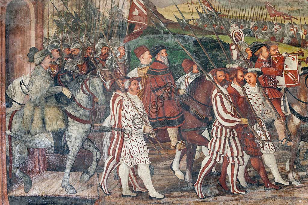 Cavernago, Malpaga Castle or Colleoni Castle, Hall of Honour: cycle of frescoes depicting the visit of Christian I of Denmark to Bartolomeo Colleoni, by Marcello Fogolino, (some historians attribute these frescoes to Romanino), 1474. Detail of the procession.