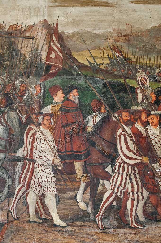 Cavernago, Malpaga Castle or Colleoni Castle, Hall of Honour: cycle of frescoes depicting the visit of Christian I of Denmark to Bartolomeo Colleoni, by Marcello Fogolino, (some historians attribute these frescoes to Romanino), 1474. Detail of the procession.