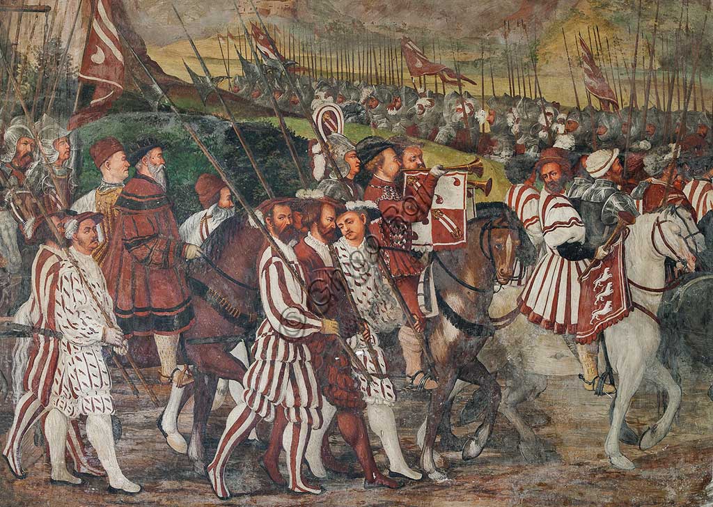 Cavernago, Malpaga Castle or Colleoni Castle, Hall of Honour: cycle of frescoes depicting the visit of Christian I of Denmark to Bartolomeo Colleoni, by Marcello Fogolino, (some historians attribute these frescoes to Romanino), 1474. Detail of the procession.