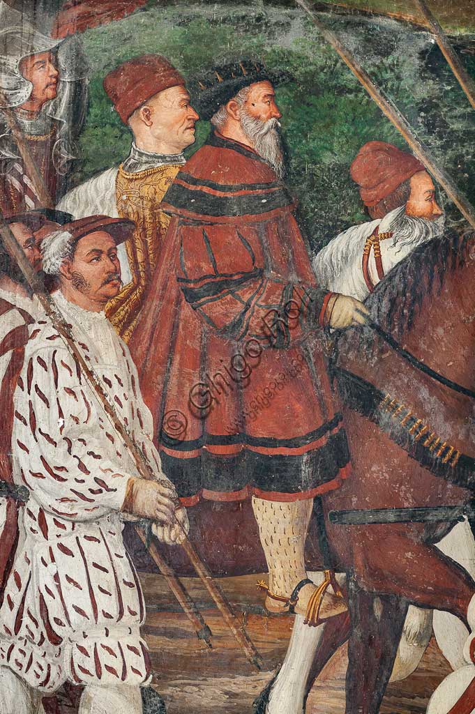 Cavernago, Malpaga Castle or Colleoni Castle, Hall of Honour: cycle of frescoes depicting the visit of Christian I of Denmark to Bartolomeo Colleoni, by Marcello Fogolino, (some historians attribute these frescoes to Romanino), 1474. Detail of the procession.