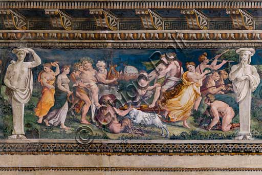 Rome, Villa Farnesina, The Hall of Perspectives: the ample frieze with mythological scenes.Frescoes by Baldassarre Peruzzi and workshop (1517-8). Detail with the Thiasus of Dionysus.Dionysus, embracing Ariadne, moves in a cart drawn by panthers. They are followed by Silenus, drunk and riding a donkey. Other Sileni or satyrs and musicians are part of the procession.