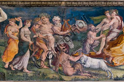 Rome, Villa Farnesina, The Hall of Perspectives: the ample frieze with mythological scenes.Frescoes by Baldassarre Peruzzi and workshop (1517-8). Detail with the Thiasus of Dionysus.Dionysus, embracing Ariadne, moves in a cart drawn by panthers. They are followed by Silenus, drunk and riding a donkey. Other Sileni or satyrs and musicians are part of the procession.