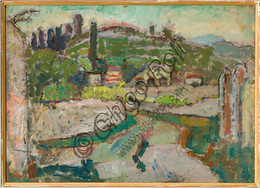 Mario Vellani Marchi (1895 - 1979): "Costermano del Gardai"; olio su cartone, cm 22 x 30.