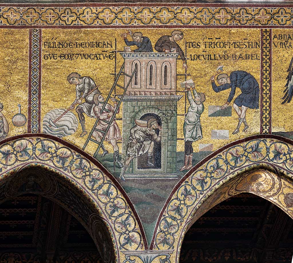 Monreale, Duomo: "La costruzione della Torre di Babele", Ciclo del Vecchio Testamento - Diluvio Universale, Mosaici bizantini, XII - XIII sec.Iscrizione latina:"FILII NOE HEDIFICANTES TURRIM CONFUSI SUNT LINGUAE EORUM ET VOCATUM EST LOCUM ILLUD BABEL".