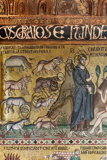 Palermo, The Royal Palace or Palazzo dei Normanni (Palace of the Normans), The Palatine Chapel (Basilica), cycle of mosaics on the Old Testament, cycle of the Creation: "The Creation of Animals", XII century.