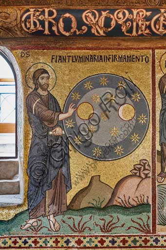 Palermo, Palazzo Reale o Palazzo dei Normanni,  Cappella Palatina (Basilica), ciclo di mosaici Vecchio Testamento, ciclo della Creazione: "Creazione degli astri", XII secolo.