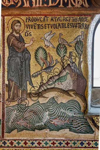 Palermo, Palazzo Reale o Palazzo dei Normanni,  Cappella Palatina (Basilica), ciclo di mosaici Vecchio Testamento, ciclo della Creazione: "Creazione dei pesci e degli uccelli", XII secolo.